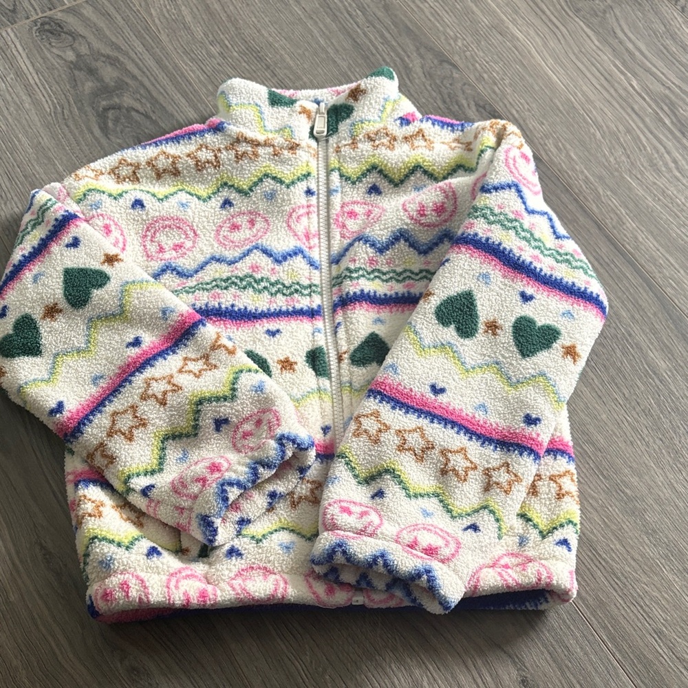 Kids Cream Sherpa Zip Jacket with Multicolor Hearts & Stars